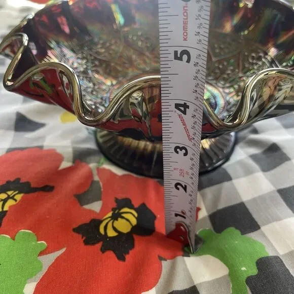 FENTON HEARTS & FLOWERS AMETHYST CARNIVAL GLASS Medallion Fruit Bowl pedestal - Picture 13 of 13